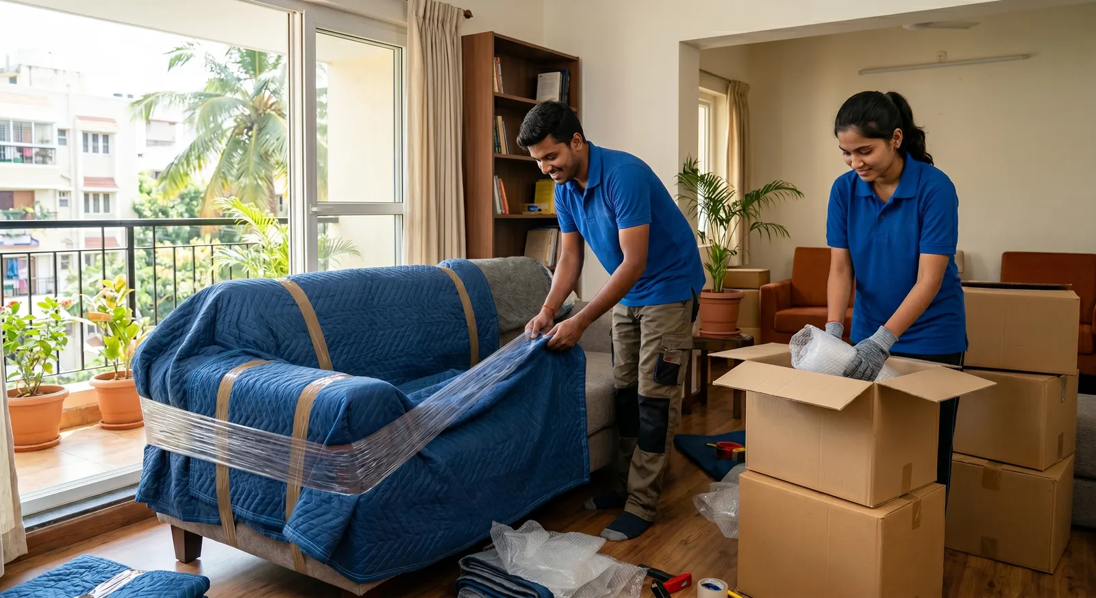 Packers and movers safely wrapping household goods for relocation